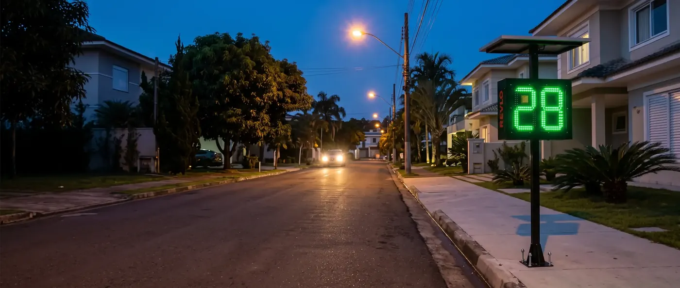 Lombada eletrônica em rua de condomínio ao anoitecer mostrando 28 no display