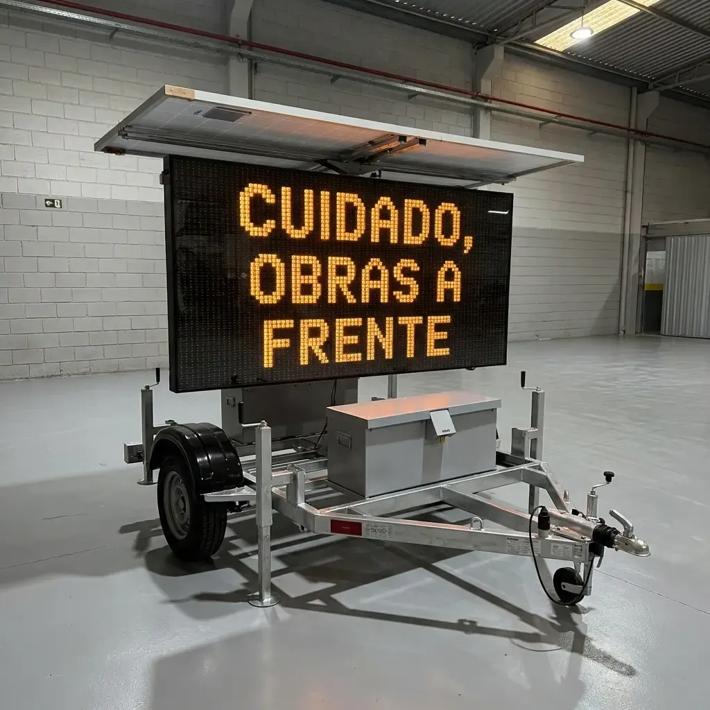 Painel de mensagem variável Revlo em reboque exibindo CUIDADO, OBRAS À FRENTE em LED âmbar